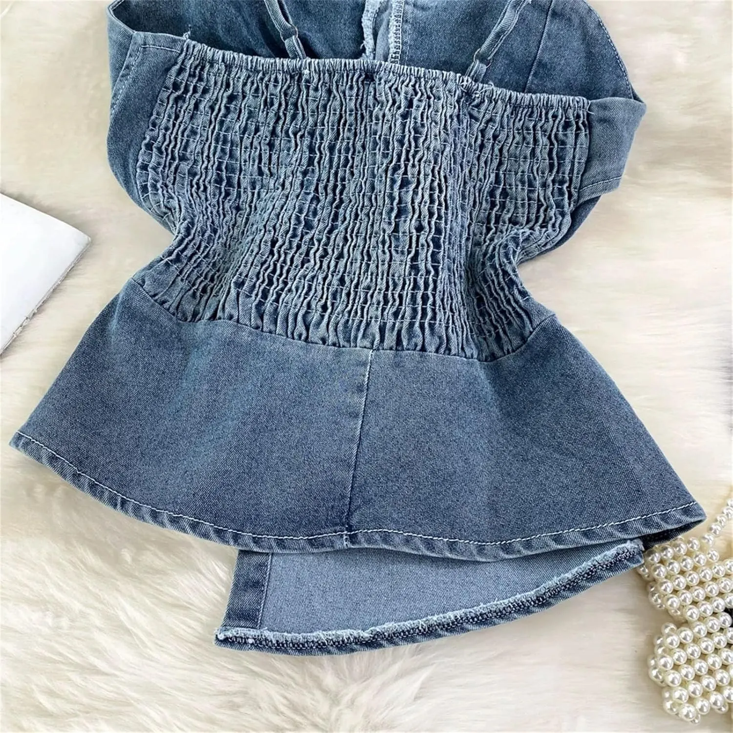 Women's Summer Sweet Crop Denim Camisole Stretchy Folds Irregular Camis Split Tank Tops