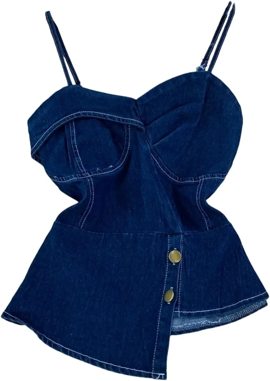 Women's Summer Sweet Crop Denim Camisole Stretchy Folds Irregular Camis Split Tank Tops