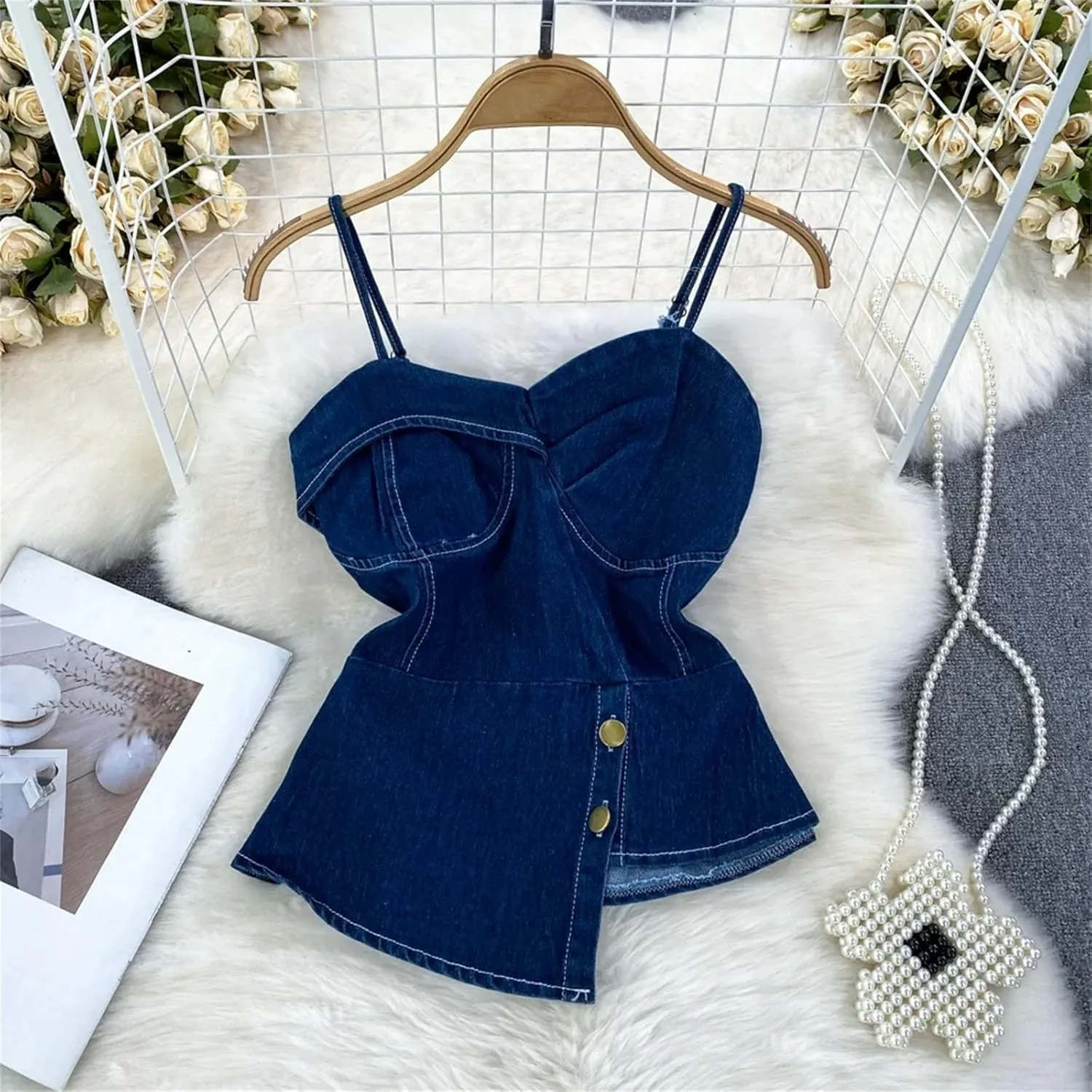Women's Summer Sweet Crop Denim Camisole Stretchy Folds Irregular Camis Split Tank Tops