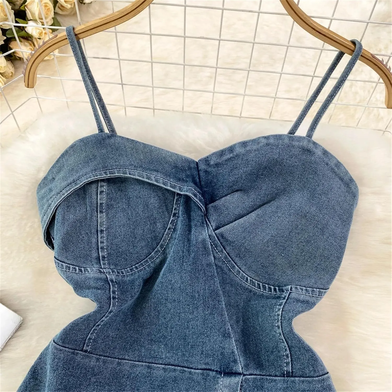 Women's Summer Sweet Crop Denim Camisole Stretchy Folds Irregular Camis Split Tank Tops