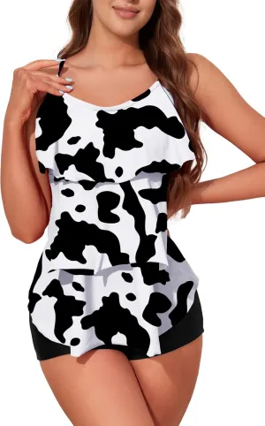 Womens Tankini Swimsuits with Boy Shorts Tummy Control Plus Size Modest Flounce Vintage Tank Top Two Piece Bathing Suits