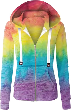 Womens Tie-Dye Zip up Sweatshirts Hooded Long Sleeve Coats Drawstring Casual Loose Outerwear with Pockets