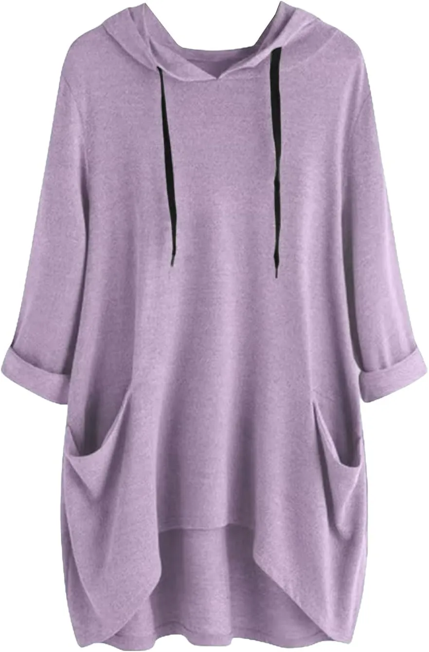 Womens Tunic Tops Lightweight Pullover Hoodies 3/4 Sleeve T Shirts Oversized Hoodies Solid Color Tops with Pockets