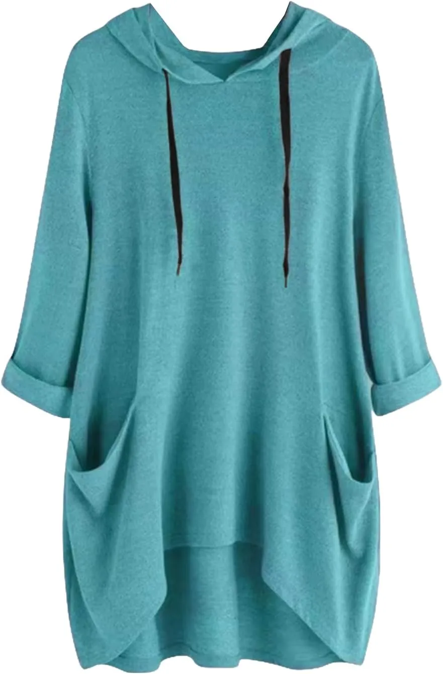 Womens Tunic Tops Lightweight Pullover Hoodies 3/4 Sleeve T Shirts Oversized Hoodies Solid Color Tops with Pockets