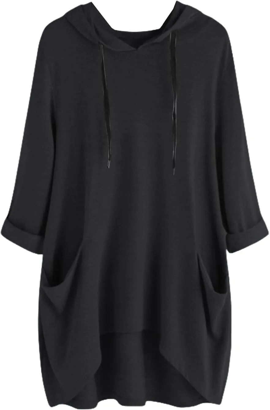 Womens Tunic Tops Lightweight Pullover Hoodies 3/4 Sleeve T Shirts Oversized Hoodies Solid Color Tops with Pockets