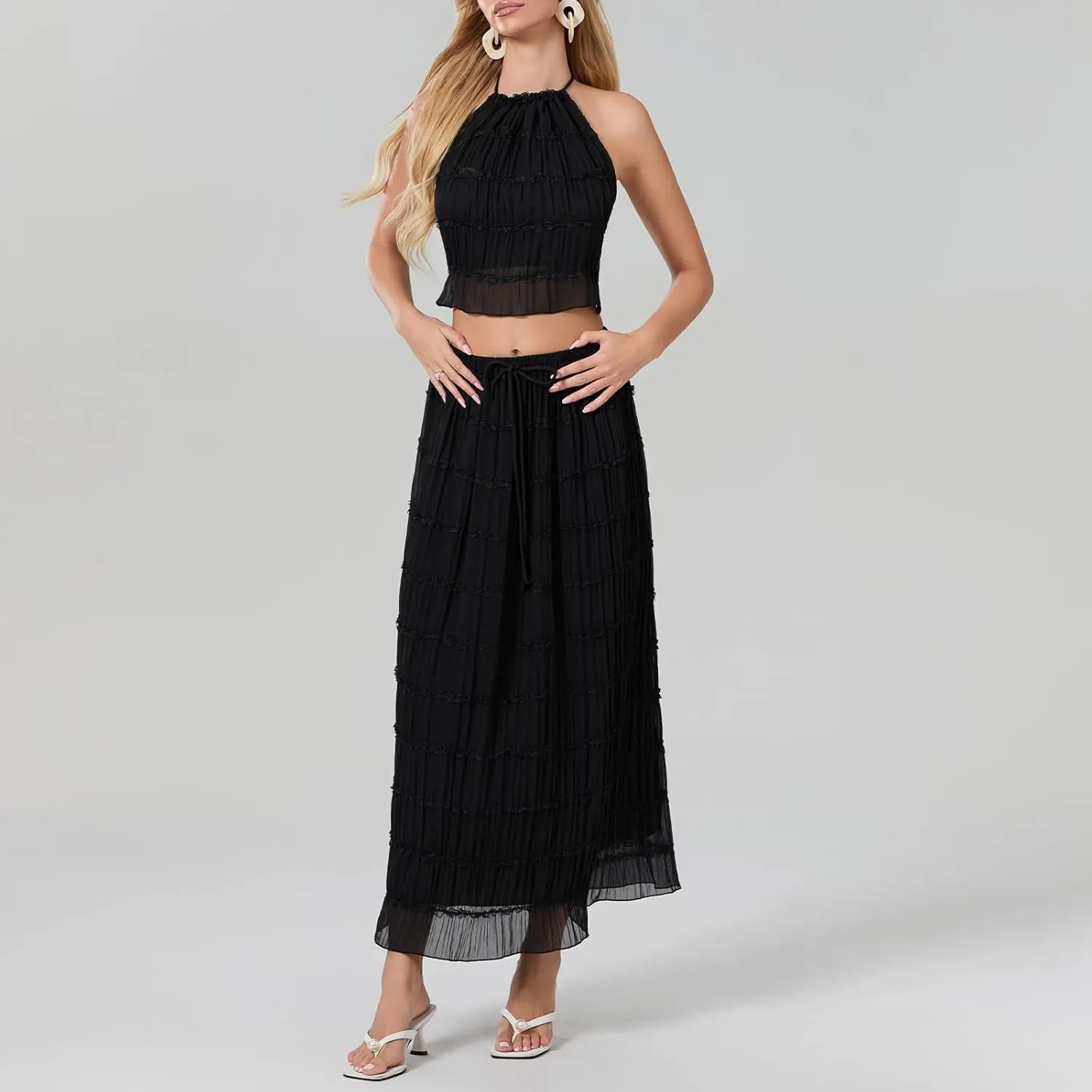 Womens Two Piece Summer Outfits Sleeveless Ruched Halter Cami Tops and Long Skirt Set Beachwear