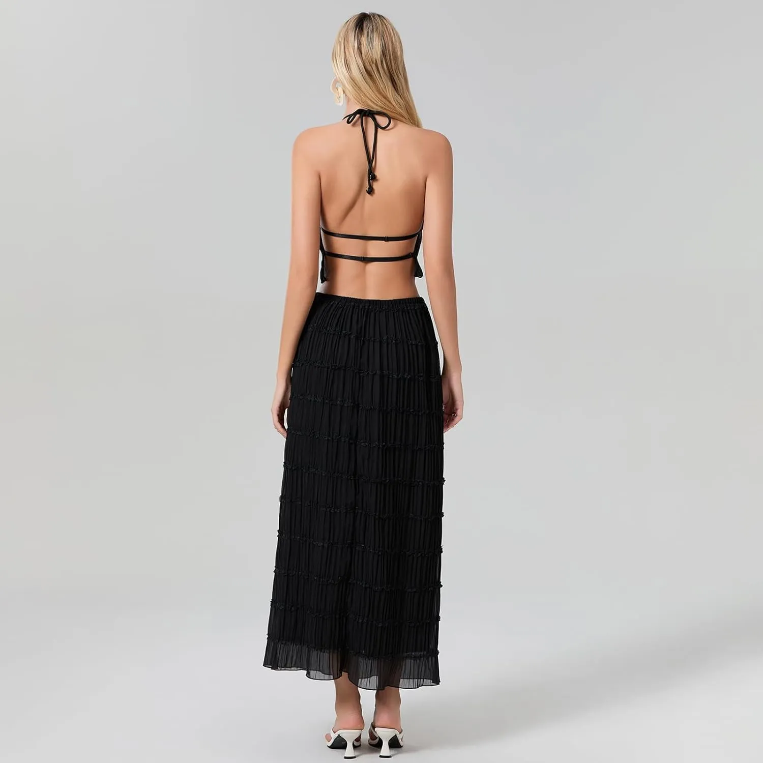 Womens Two Piece Summer Outfits Sleeveless Ruched Halter Cami Tops and Long Skirt Set Beachwear