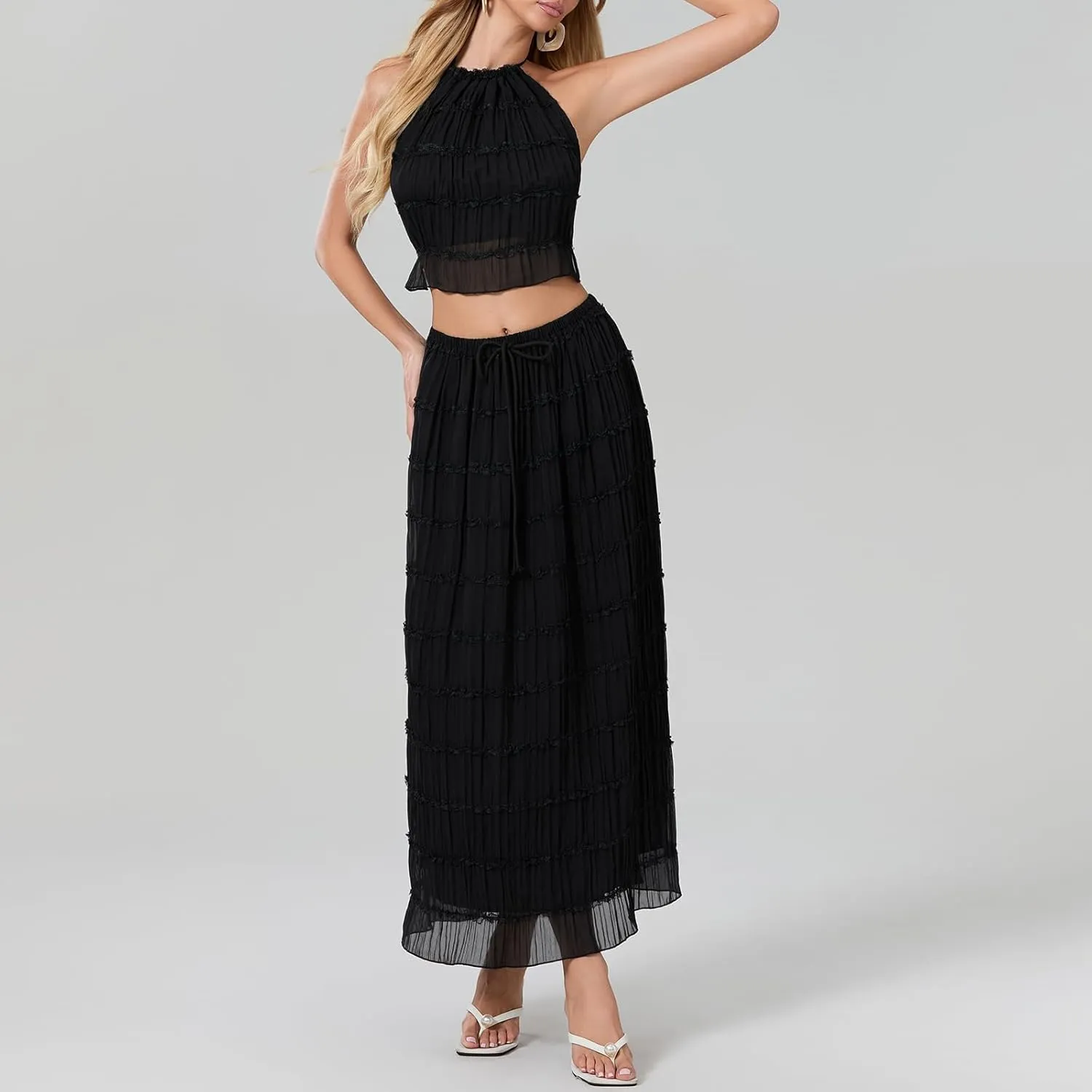 Womens Two Piece Summer Outfits Sleeveless Ruched Halter Cami Tops and Long Skirt Set Beachwear