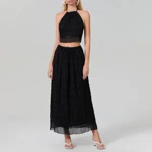 Womens Two Piece Summer Outfits Sleeveless Ruched Halter Cami Tops and Long Skirt Set Beachwear