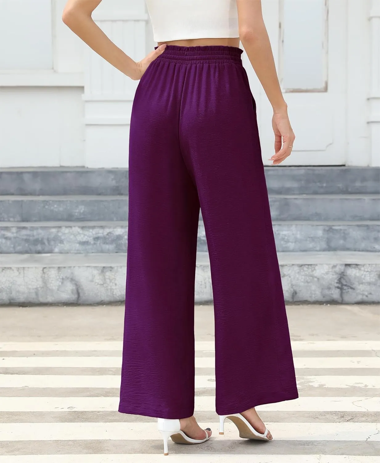 Women's Wide Leg Linen Pants High Waisted Flowy Palazzo Pants Lounge Loose Casual Work Pants Trousers Pockets
