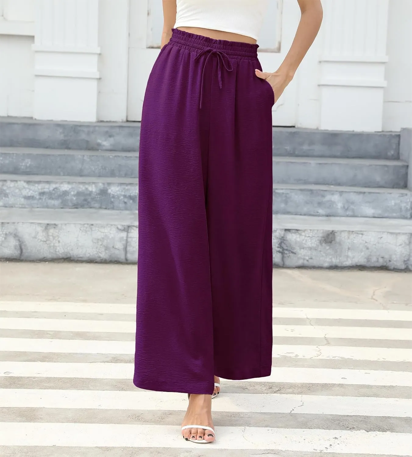 Women's Wide Leg Linen Pants High Waisted Flowy Palazzo Pants Lounge Loose Casual Work Pants Trousers Pockets
