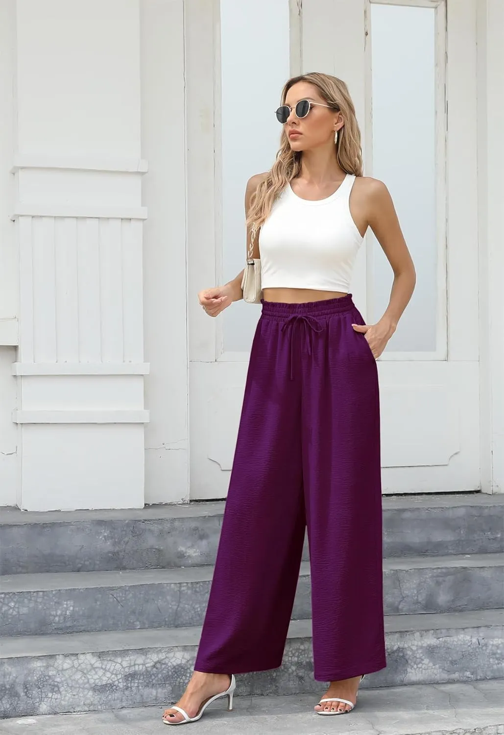 Women's Wide Leg Linen Pants High Waisted Flowy Palazzo Pants Lounge Loose Casual Work Pants Trousers Pockets
