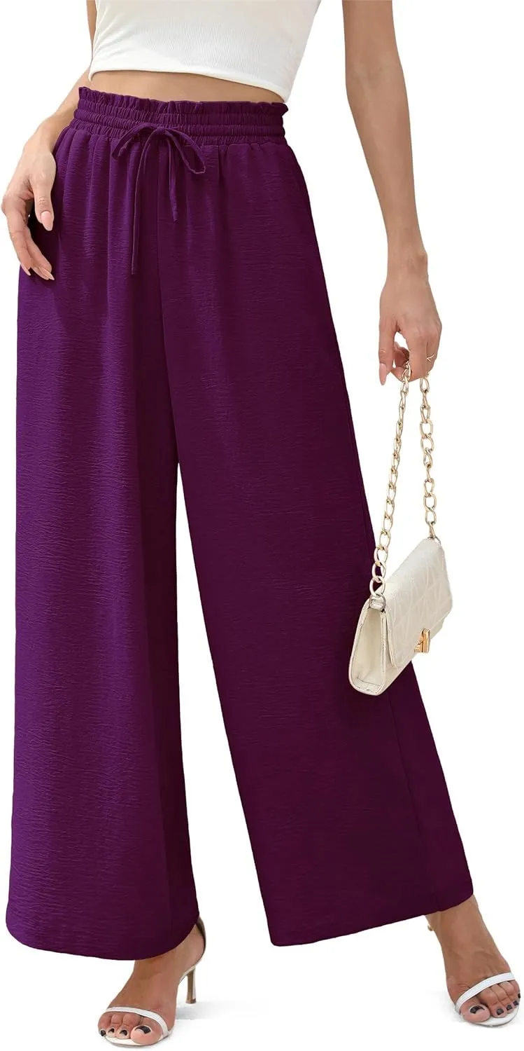 Women's Wide Leg Linen Pants High Waisted Flowy Palazzo Pants Lounge Loose Casual Work Pants Trousers Pockets