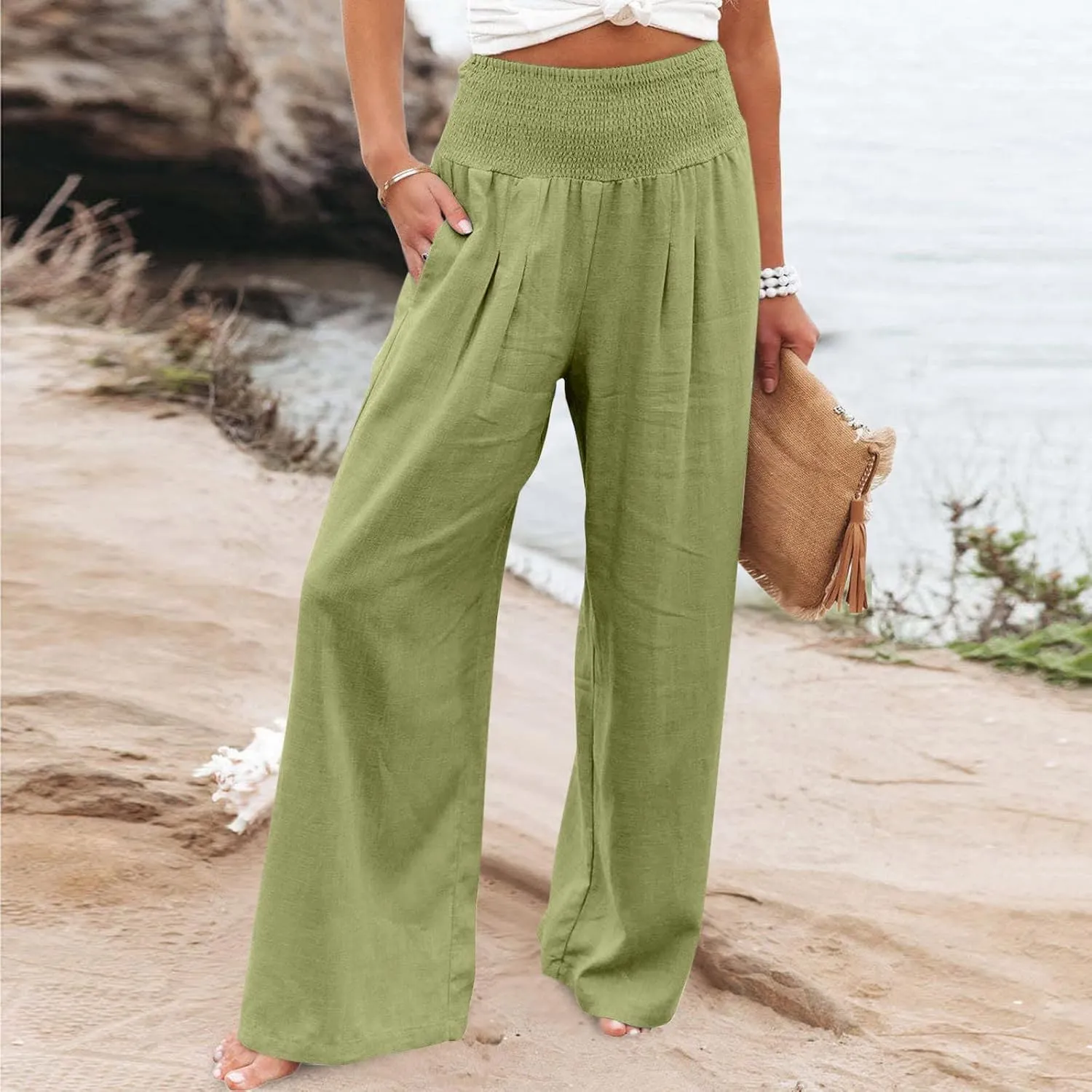 Women's Wide Leg Linen Pants Summer Loose High Waist Smocked Palazzo Pants Baggy Flowy Lounge Beach Pants Trousers