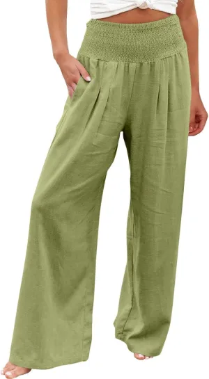 Women's Wide Leg Linen Pants Summer Loose High Waist Smocked Palazzo Pants Baggy Flowy Lounge Beach Pants Trousers