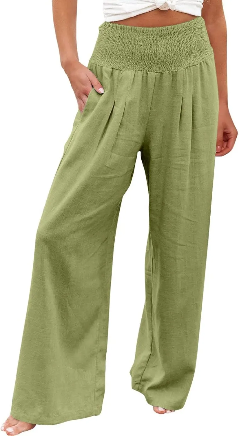Women's Wide Leg Linen Pants Summer Loose High Waist Smocked Palazzo Pants Baggy Flowy Lounge Beach Pants Trousers
