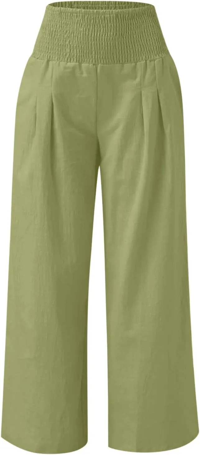 Women's Wide Leg Linen Pants Summer Loose High Waist Smocked Palazzo Pants Baggy Flowy Lounge Beach Pants Trousers