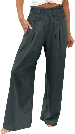 Women's Wide Leg Pants Casual Solid Elastic High Waist Pleated Linen Pants Trendy Spring Trousers with Pockets