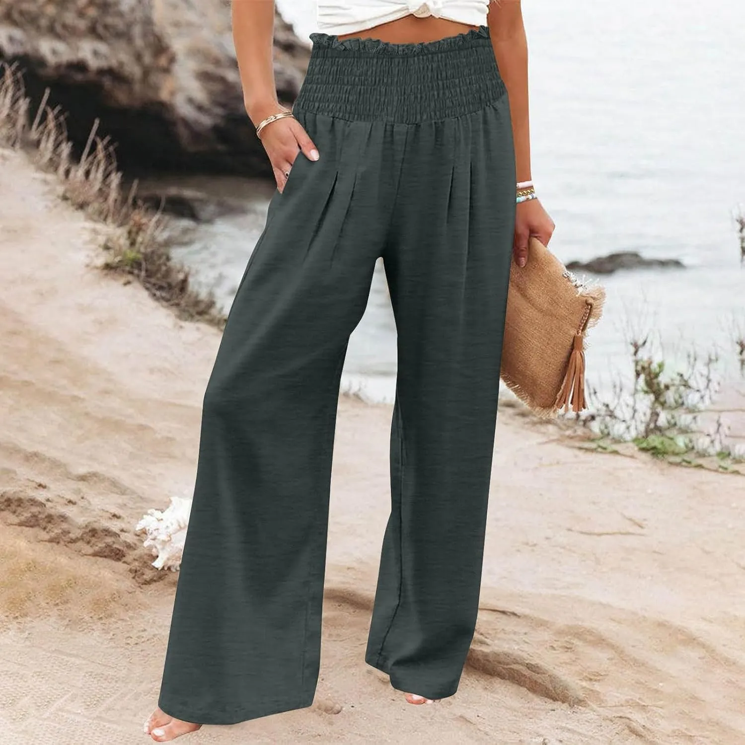 Women's Wide Leg Pants Casual Solid Elastic High Waist Pleated Linen Pants Trendy Spring Trousers with Pockets