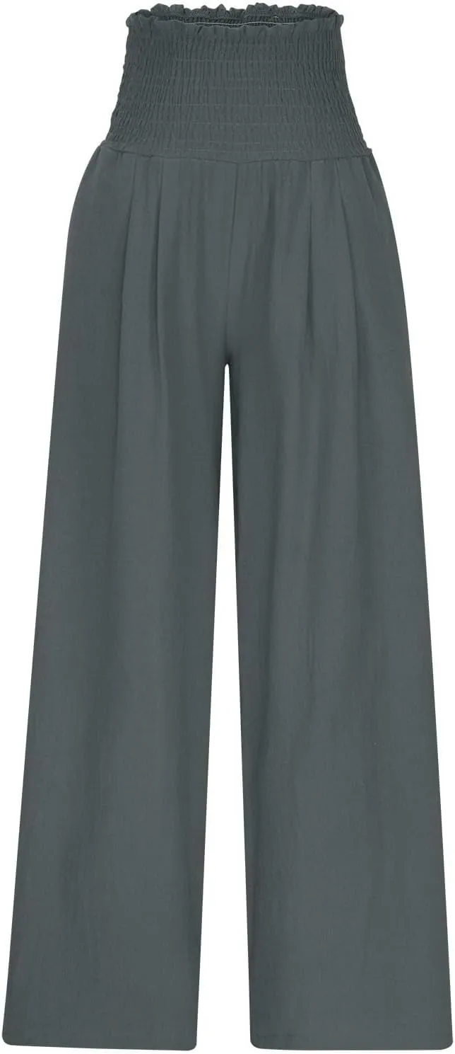 Women's Wide Leg Pants Casual Solid Elastic High Waist Pleated Linen Pants Trendy Spring Trousers with Pockets