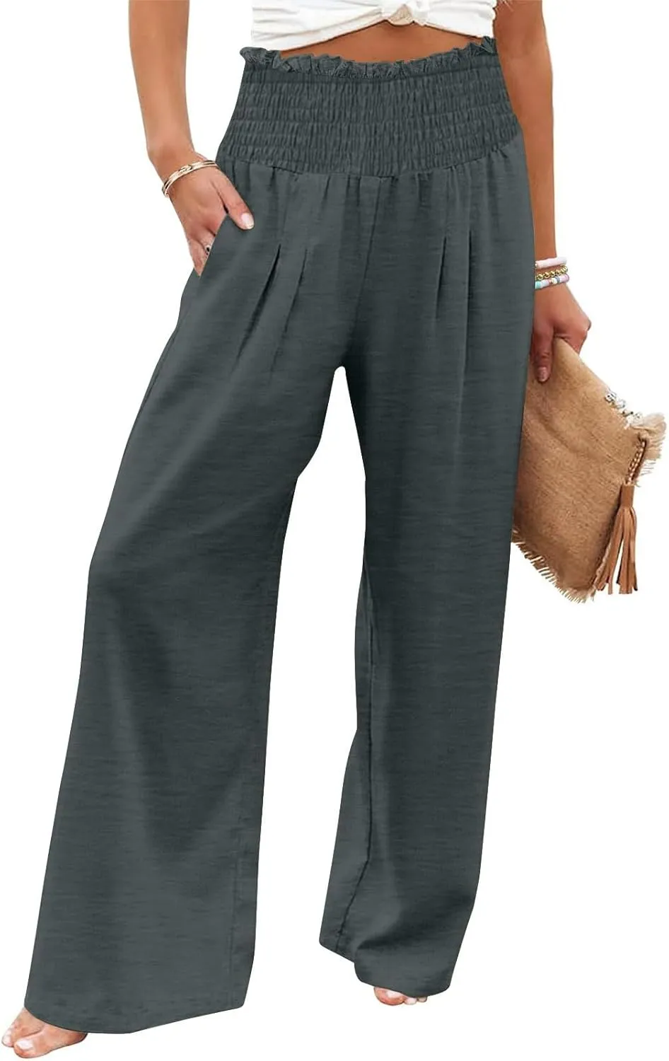 Women's Wide Leg Pants Casual Solid Elastic High Waist Pleated Linen Pants Trendy Spring Trousers with Pockets