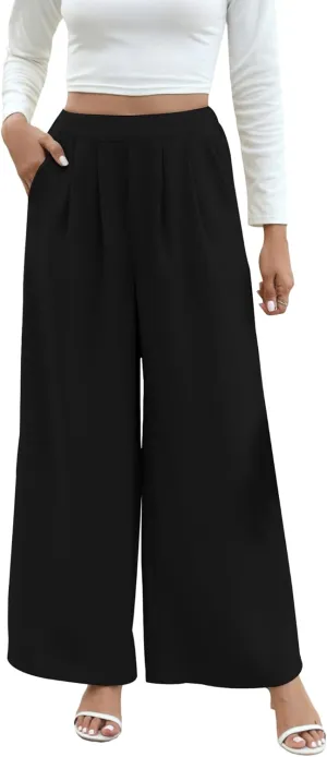 Women's Wide Leg Pants High Waisted Elastic Pleated Casual Palazzo Pants with Pockets