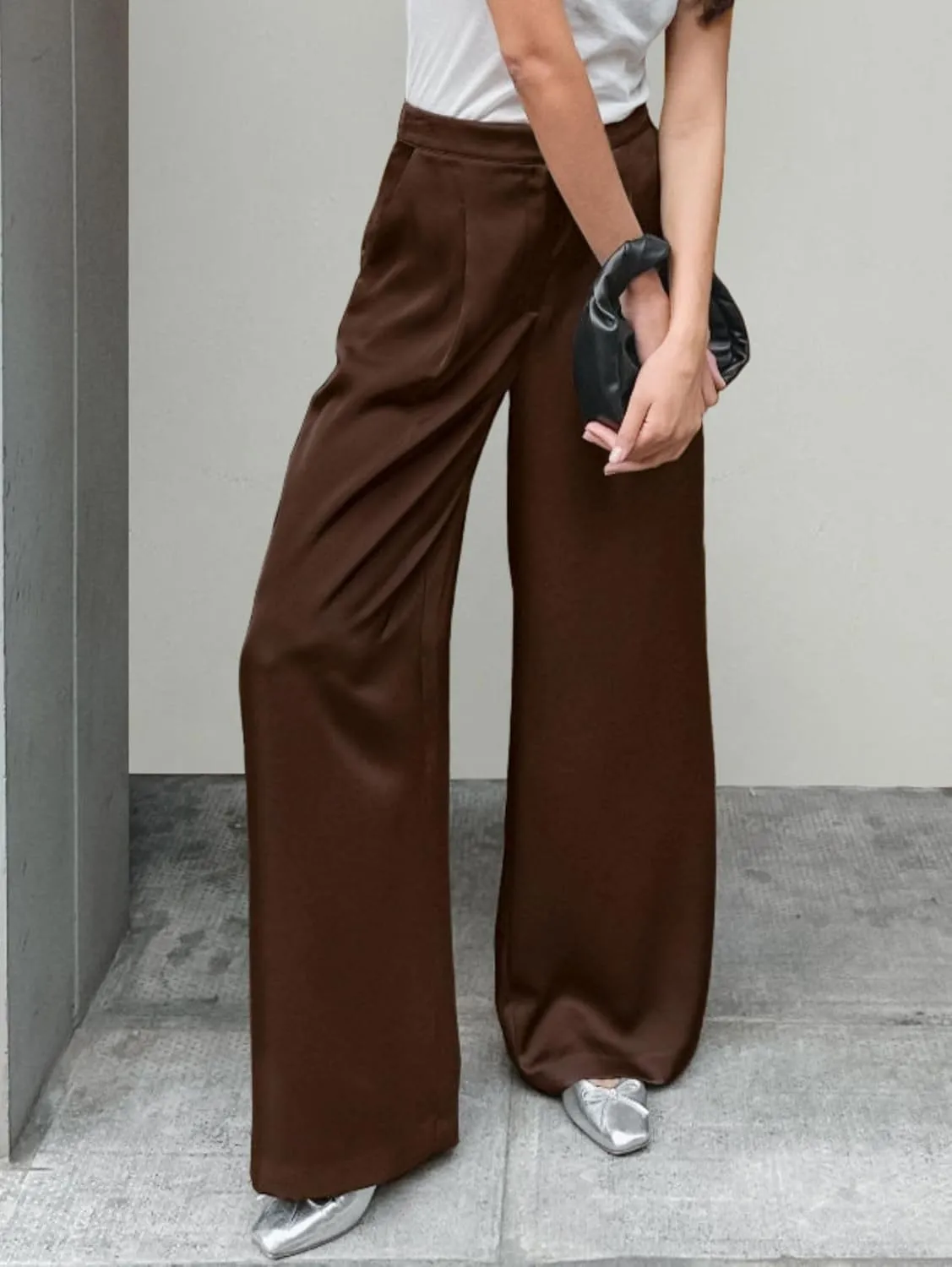 Women's Wide Leg Pants with Pockets Satin High Waist Work Business Casual Palazzo Dress Pants