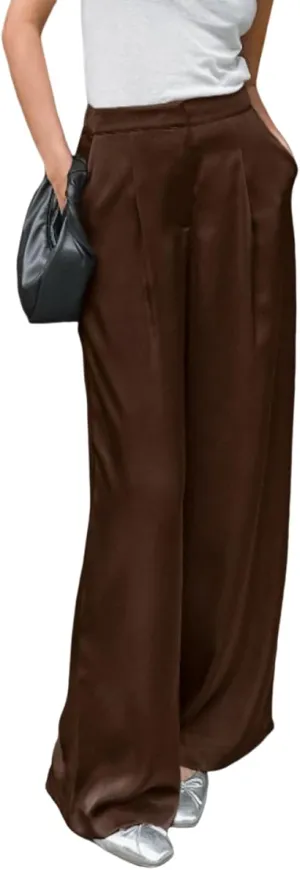 Women's Wide Leg Pants with Pockets Satin High Waist Work Business Casual Palazzo Dress Pants
