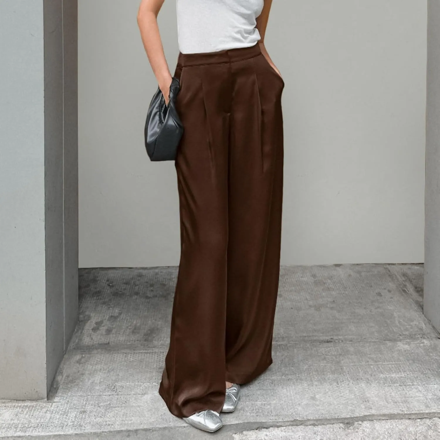 Women's Wide Leg Pants with Pockets Satin High Waist Work Business Casual Palazzo Dress Pants