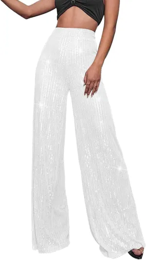 Women's Wide Leg Pants Women's High Waisted Sequin Loose Drape Wide Leg Pants Fashion Casual Bling Glitter Trousers