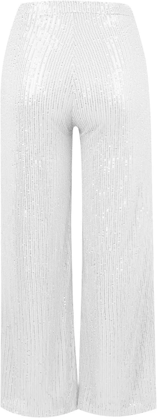 Women's Wide Leg Pants Women's High Waisted Sequin Loose Drape Wide Leg Pants Fashion Casual Bling Glitter Trousers