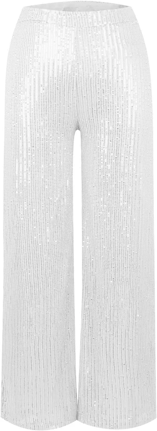 Women's Wide Leg Pants Women's High Waisted Sequin Loose Drape Wide Leg Pants Fashion Casual Bling Glitter Trousers