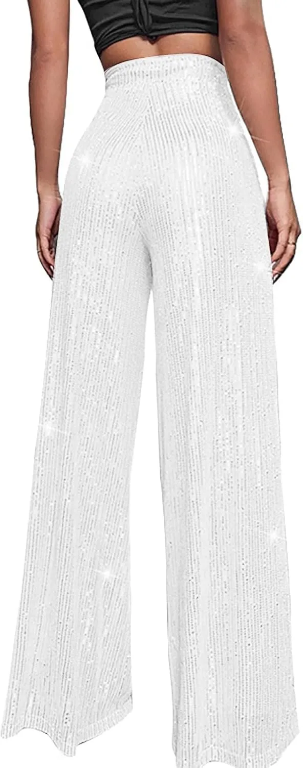 Women's Wide Leg Pants Women's High Waisted Sequin Loose Drape Wide Leg Pants Fashion Casual Bling Glitter Trousers