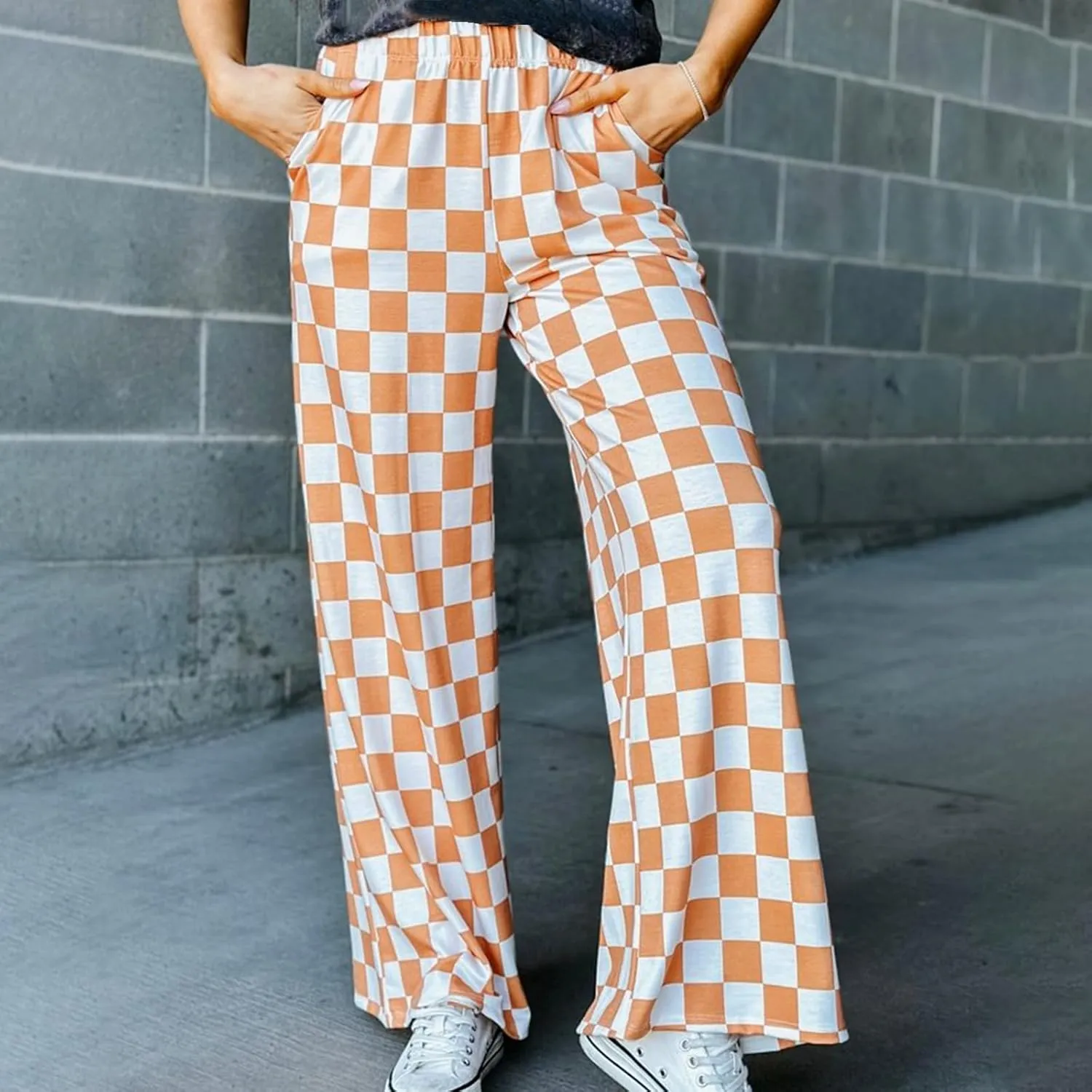 Womens Y2K Checkered Wide Leg Pants High Elastic Waist Plaid Straight Loose Fit Lounge Trouser Going Out Streetwear