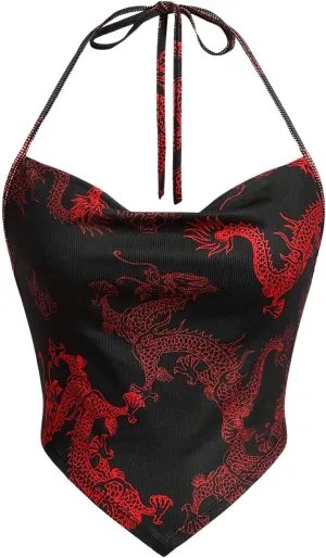 Women's Y2K Dragon Graphic Halter Tops Tie Back Spaghetti Strap Vintage Camisole Tops