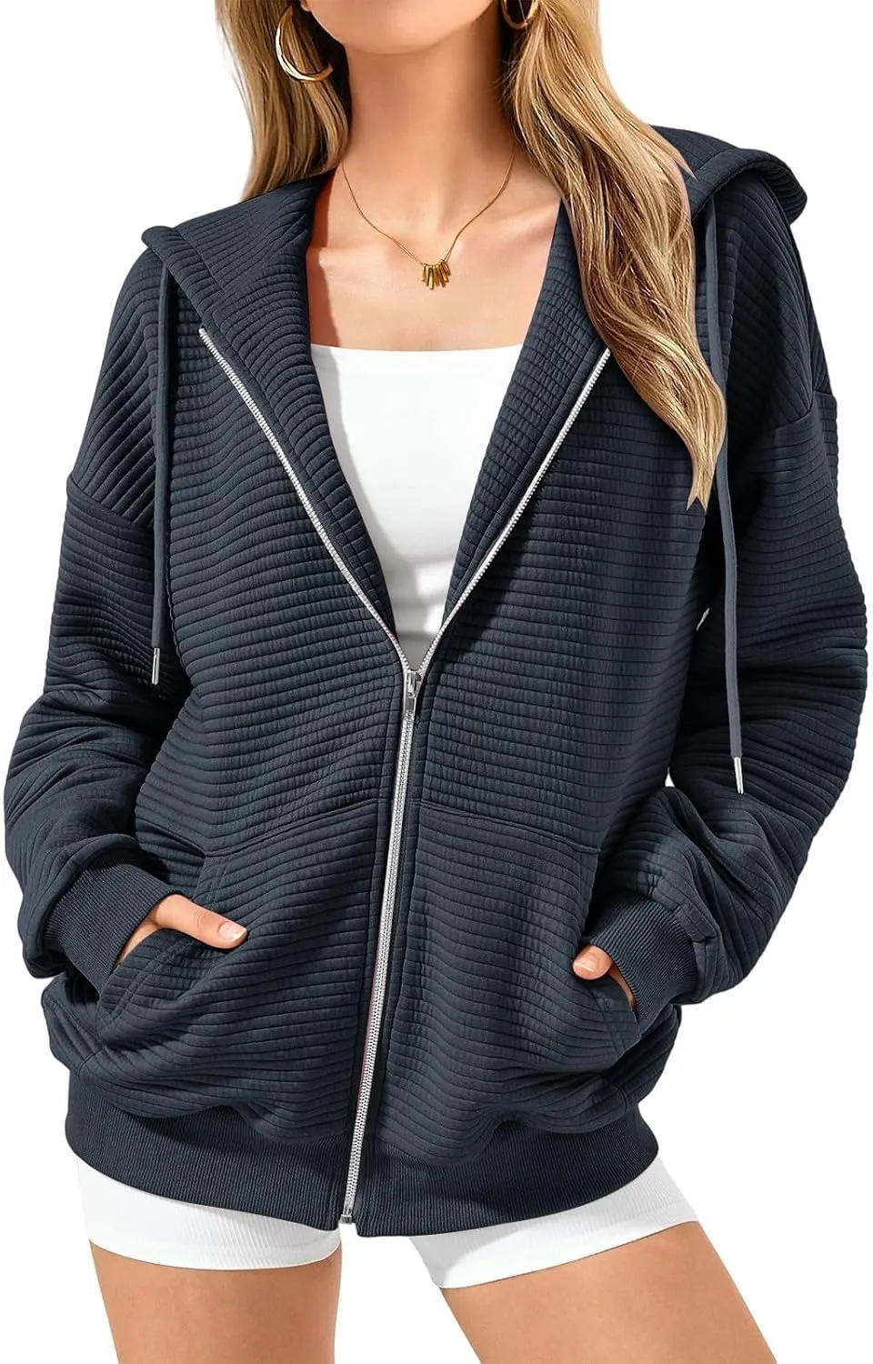 Womens Zip Up Hoodie Oversized Sweatshirt Waffle Knit Clothes Fall Fashion Long Sleeve Jacket With Pockets