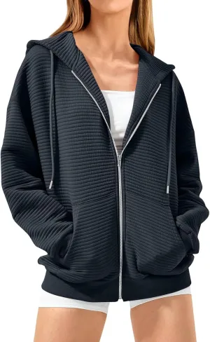 Womens Zip Up Hoodie Oversized Sweatshirt Waffle Knit Clothes Fall Fashion Long Sleeve Jacket With Pockets