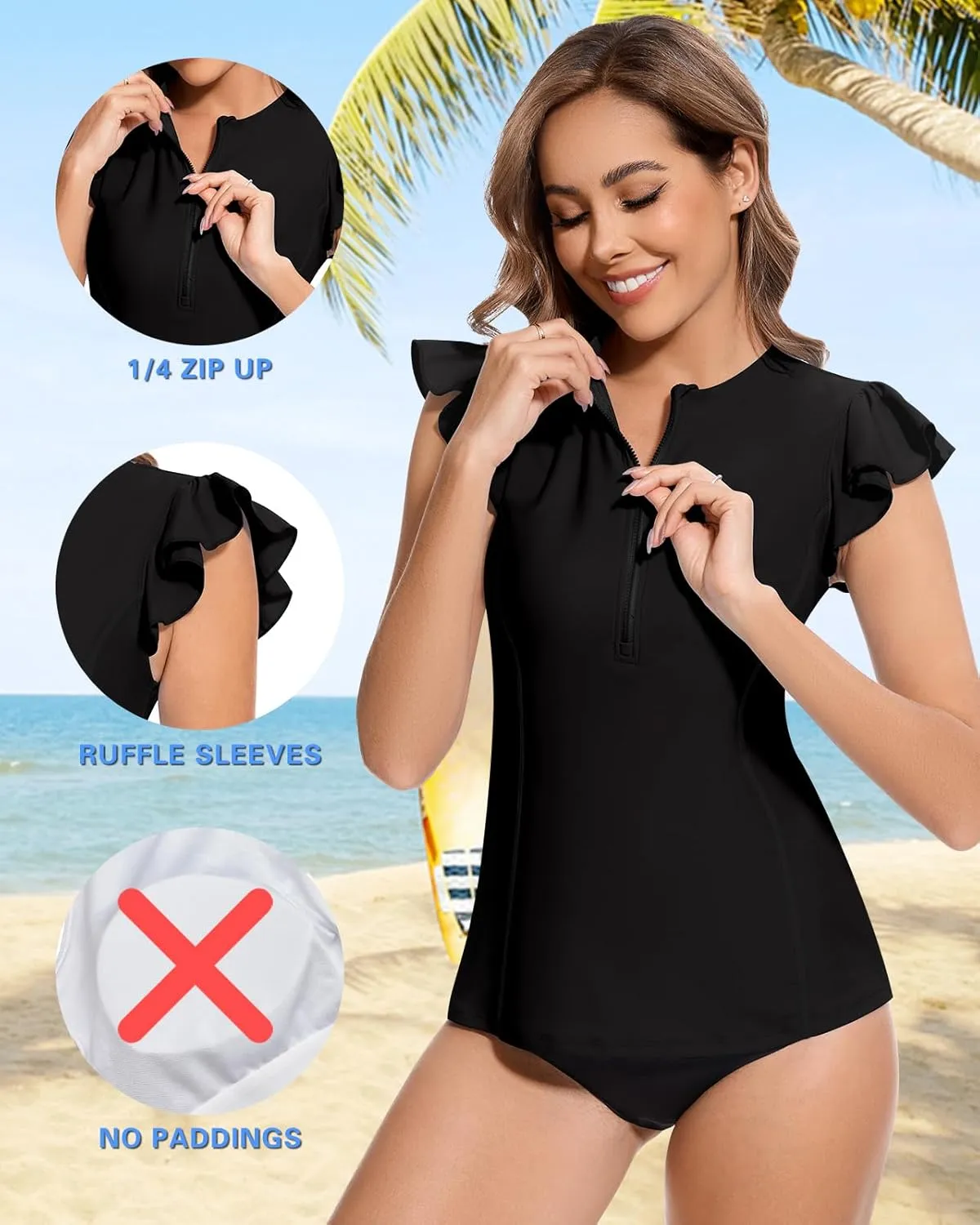 WOWENY Women Rash Guard Ruffle Sleeveless Swim Shirts Sun Protection Swimsuit Top Bathing Suit No Bottom