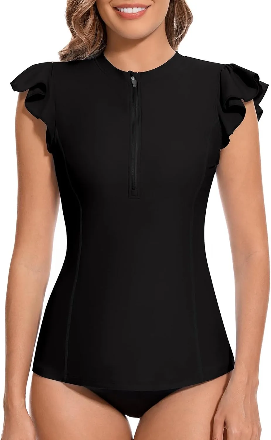 WOWENY Women Rash Guard Ruffle Sleeveless Swim Shirts Sun Protection Swimsuit Top Bathing Suit No Bottom