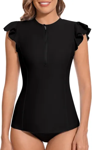 WOWENY Women Rash Guard Ruffle Sleeveless Swim Shirts Sun Protection Swimsuit Top Bathing Suit No Bottom