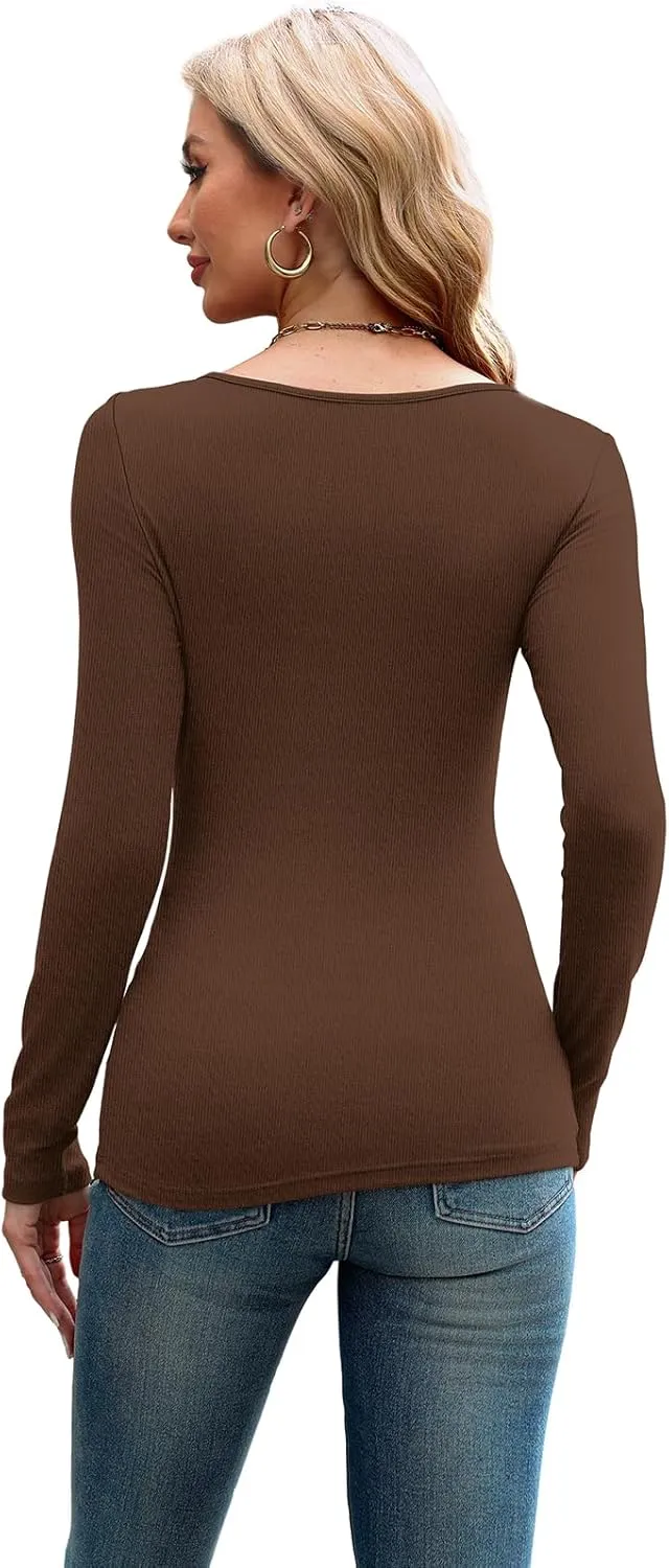 XIEERDUO Womens Long Sleeve Tops Slim Fit Fall Shirts Cutout Tops Y2K Ribbed Tshirt