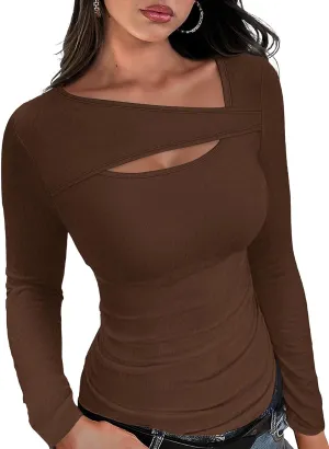 XIEERDUO Womens Long Sleeve Tops Slim Fit Fall Shirts Cutout Tops Y2K Ribbed Tshirt