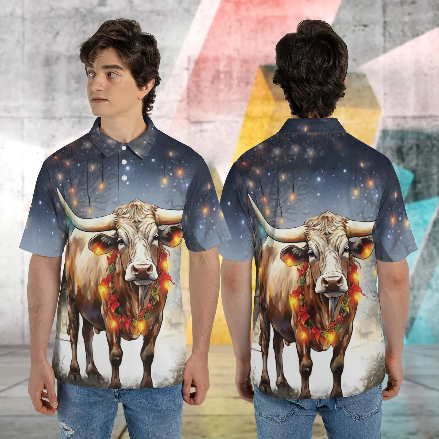 Xmas Cow Polo Shirts for Men - Galaxy Cat Mens Quick Dry Short Sleeve Polo Shirts Series 29