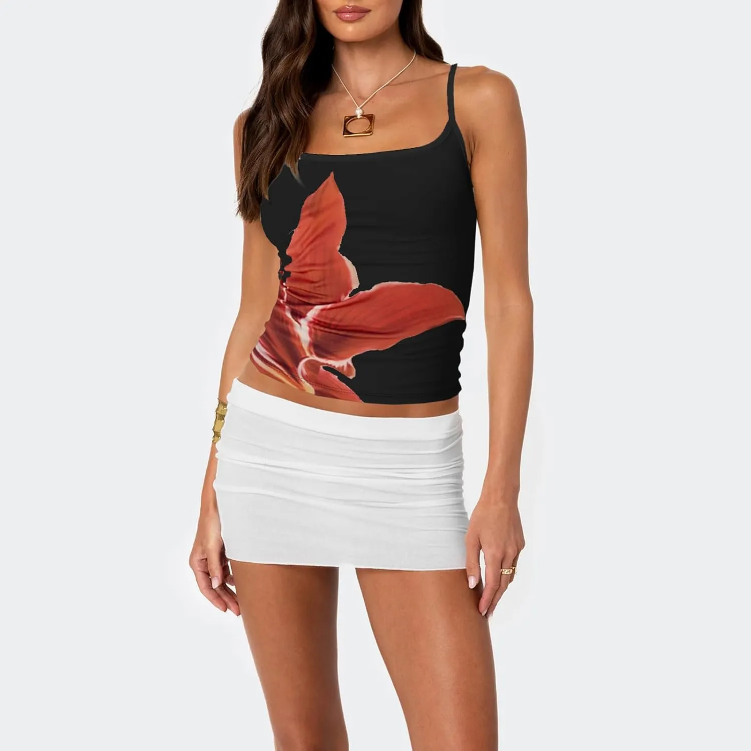 Y2k Camisole Top Women Teen Girl Floral Sleeveless Backless Spaghetti Strap Low Neck Crop Tank Sexy Going Out Cami