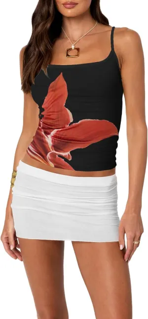 Y2k Camisole Top Women Teen Girl Floral Sleeveless Backless Spaghetti Strap Low Neck Crop Tank Sexy Going Out Cami