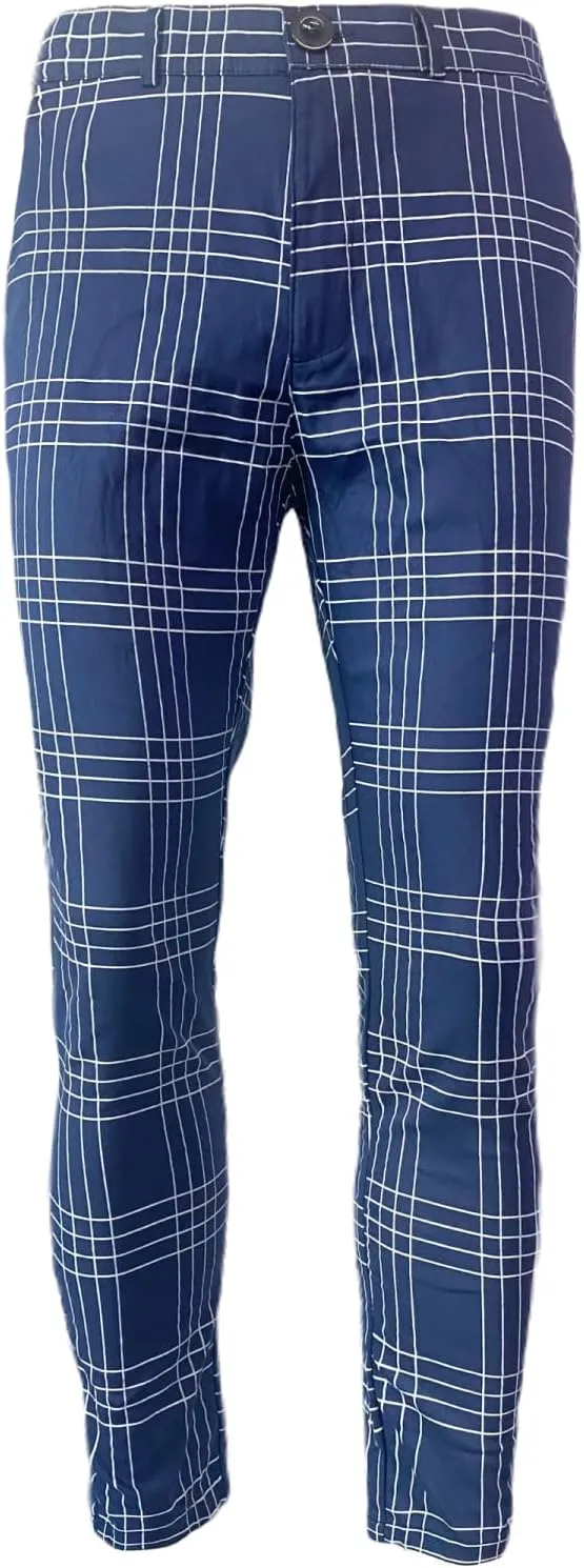 YIBIMOTTO Mens Slim Fit Dress Pants Stretch Plaid Slacks Skinny Checkered Chino Pants Blue Casual Business Suit Pant for Men,Blue,XXL