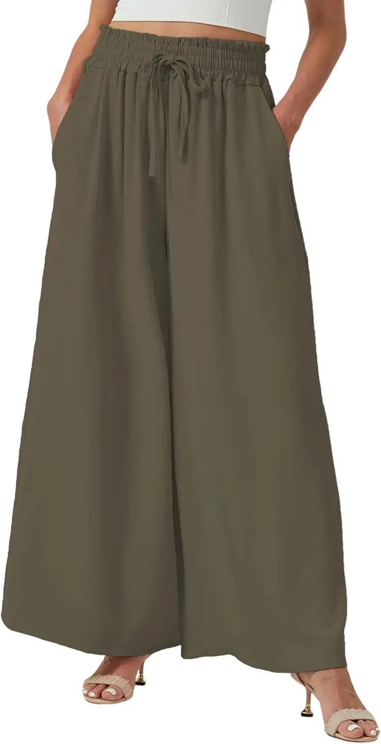YLDUJ AMUM Womens Wide Leg Pants Summer Beach Breathable Pants Loose Flowy Palazzo Lounge Trousers with Pockets