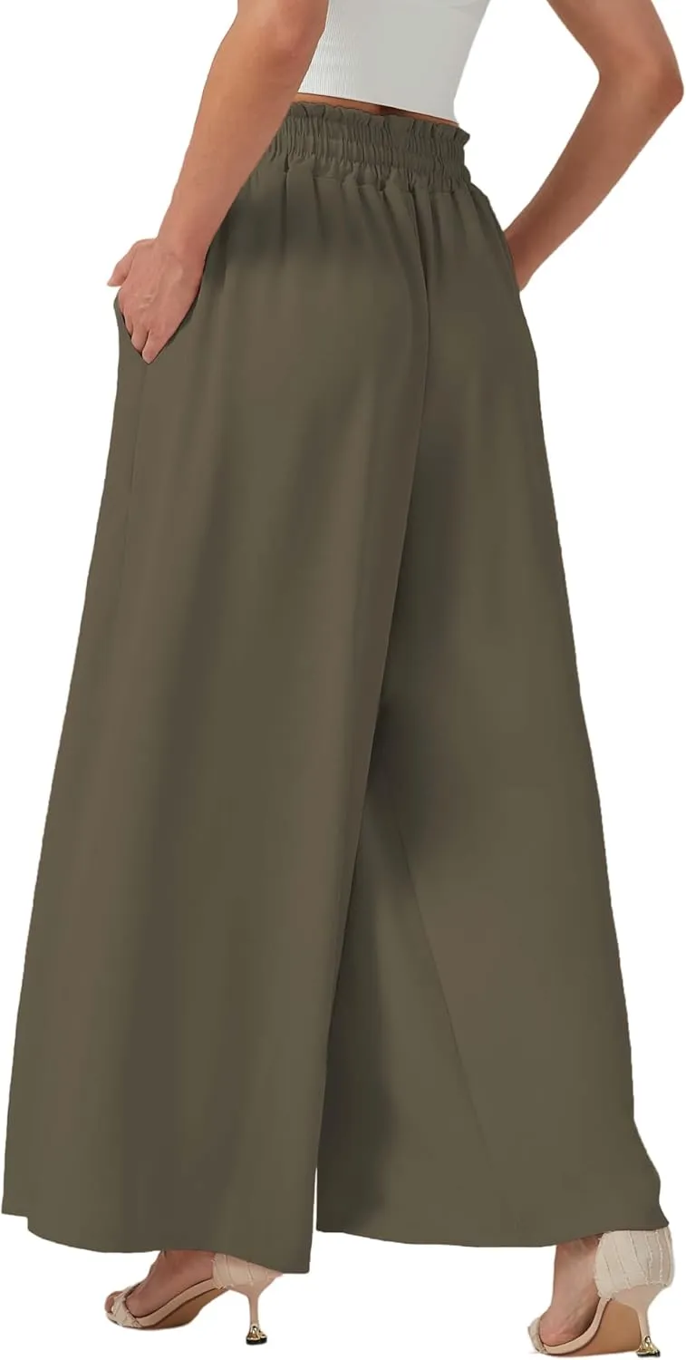 YLDUJ AMUM Womens Wide Leg Pants Summer Beach Breathable Pants Loose Flowy Palazzo Lounge Trousers with Pockets