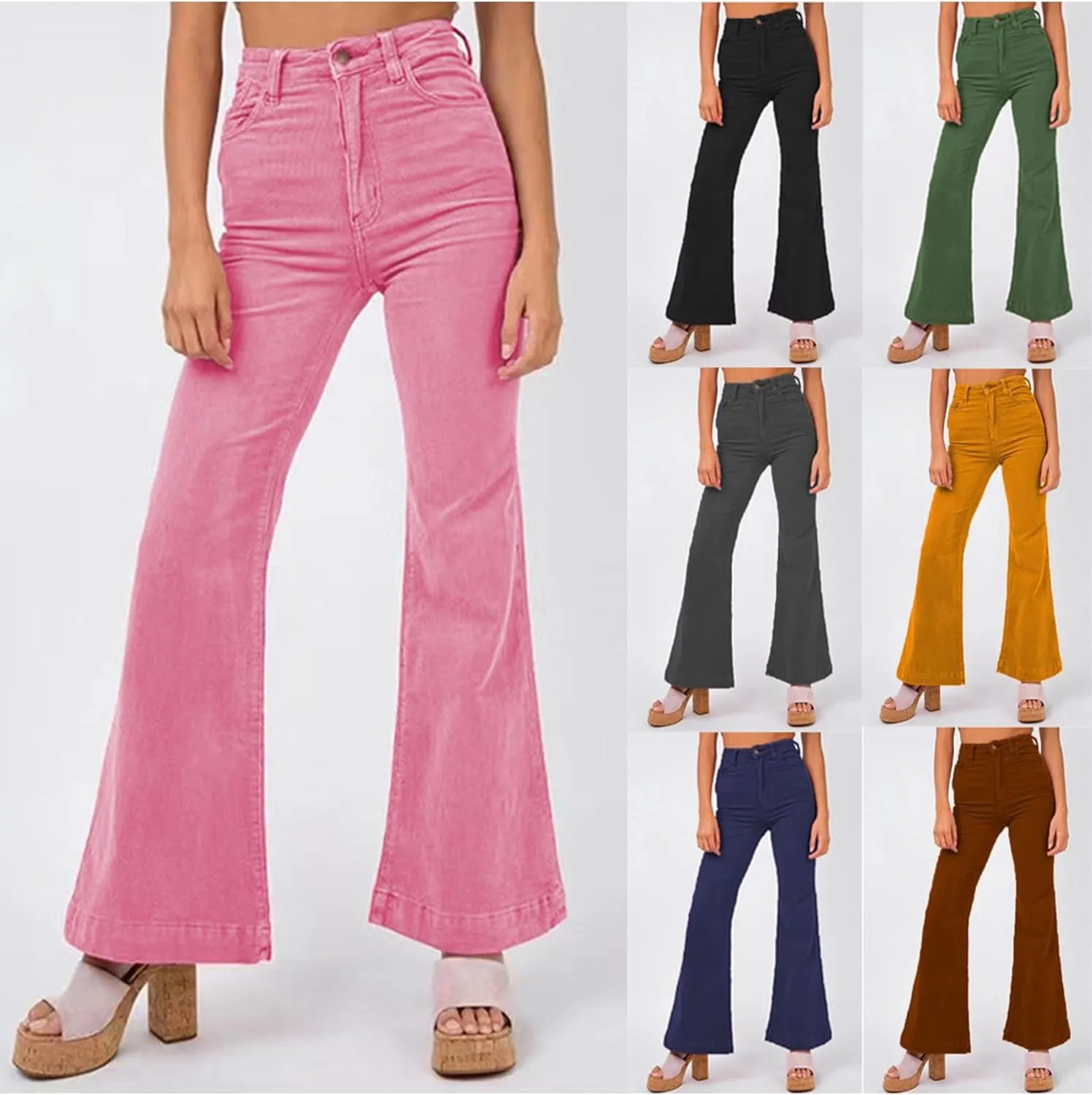 YMING Womens Corduroy Solid Color Flare Pants High Waist Bell Bottom Trousers Wide Leg Pants with Pockets