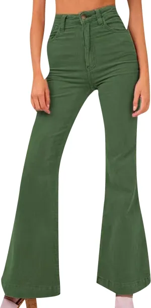 YMING Womens Corduroy Solid Color Flare Pants High Waist Bell Bottom Trousers Wide Leg Pants with Pockets